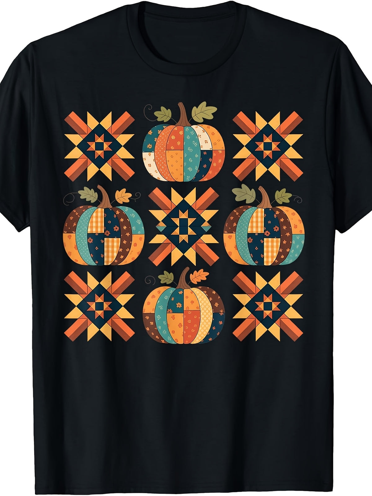 Patchwork Quilter Fall Pumpkin Quilt Block Autumn Graphic Tee for Men Women, Cute Quilting Lover Short Sleeve T-Shirt, Casual Crew Neck Top for Quilter Gift