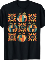 Patchwork Quilter Fall Pumpkin Quilt Block Autumn Graphic Tee for Men Women, Cute Quilting Lover Short Sleeve T-Shirt, Casual Crew Neck Top for Quilter Gift