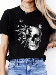Women's kull and Butterflies Graphic T-Shirt Gothic Half Skull Dissolving Print Short Sleeve Crewneck Casual Tee