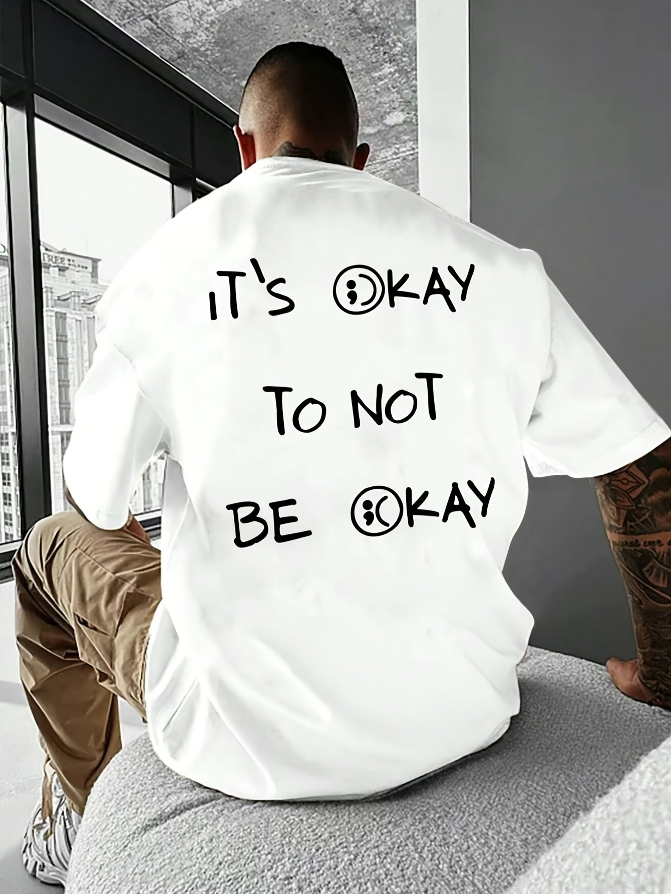 Men’s Casual Loose Fit T-Shirt, “IT'S OKAY TO NOT BE OKAY” Inspirational Letter Print Short Sleeve Crew Neck Top，Men Clothing