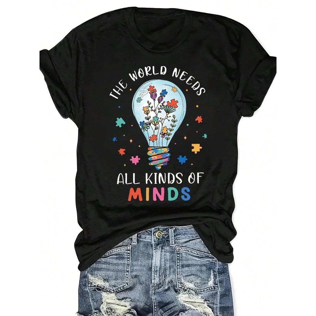 Summer Plus Size Women Clothes Autism Awareness "The World Needs All Kinds Of Ideas" Tee Summer Women's T-Shirt, Soft And Breathable, Perfect For Daily Wear, Outdoor Activities, Travel, And Casual Style, Comfortable All-Day Fit!