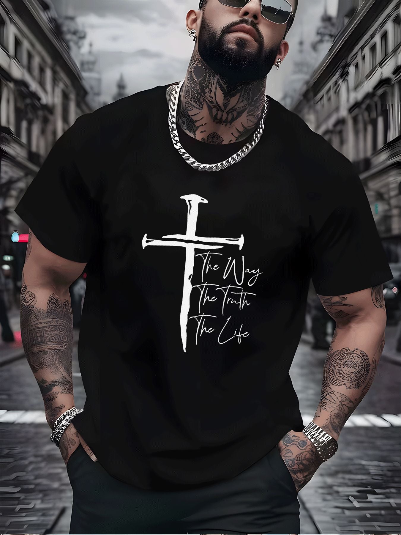 Nail Cross T-Shirt, The Way The Truth The Life Inspirational Christian Quote Short Sleeve Top