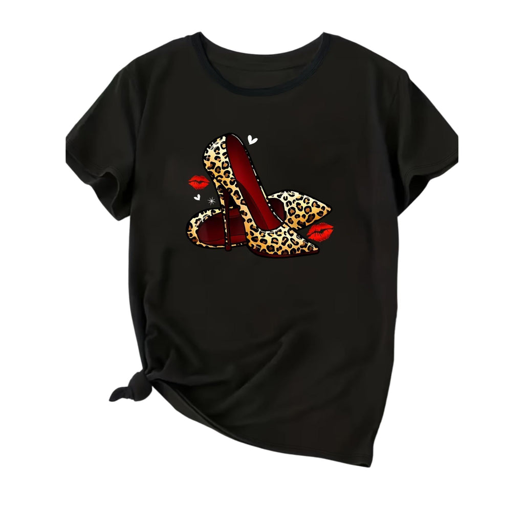 Vibrant Leopard Print Casual Crew Neck Short Sleeve T-Shirt - Soft Mid-Elasticity Polyester Fabric, Regular Length, Perfect for Spring and Summer - Womens Fashionable Crew Neck Top