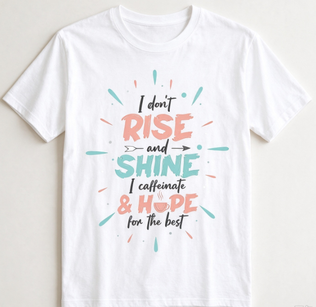 Funny Coffee Lover T-Shirt, “I Don't Rise And Shine I Caffeinate And Hope For The Best” Graphic Tee, Casual Crew Neck Short Sleeve Top