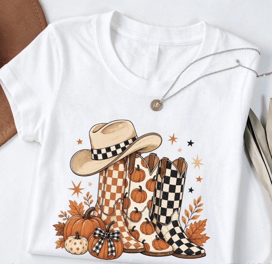 Western Fall Cowboy Boots Pumpkin Graphic T‑Shirt, Comfort Colors Style Autumn Country Women Crew Neck Short Sleeve Casual Tee