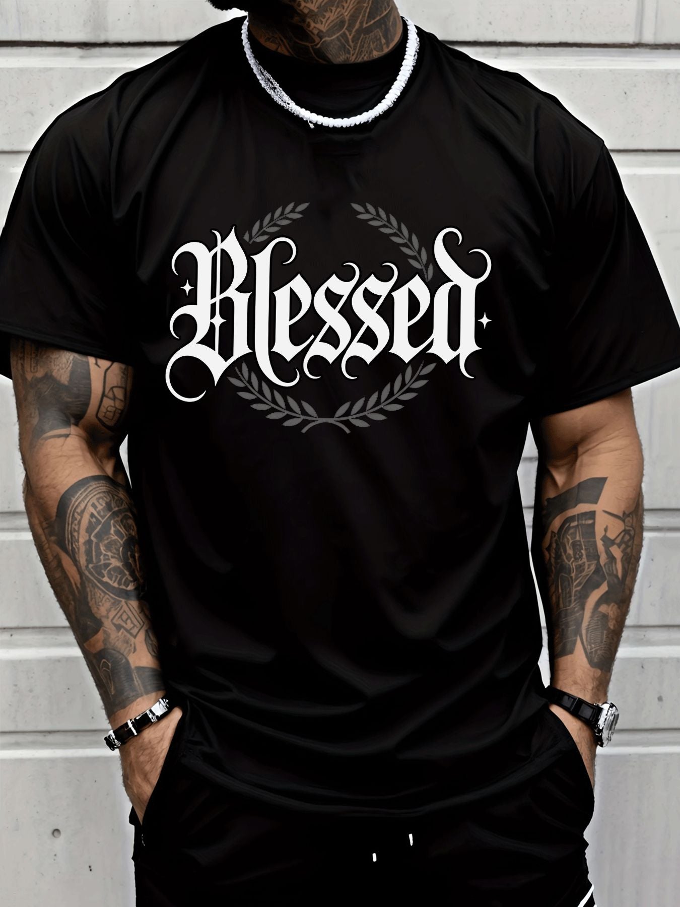 Men's Casual Blessed Letter & Wreath Print T-Shirt
