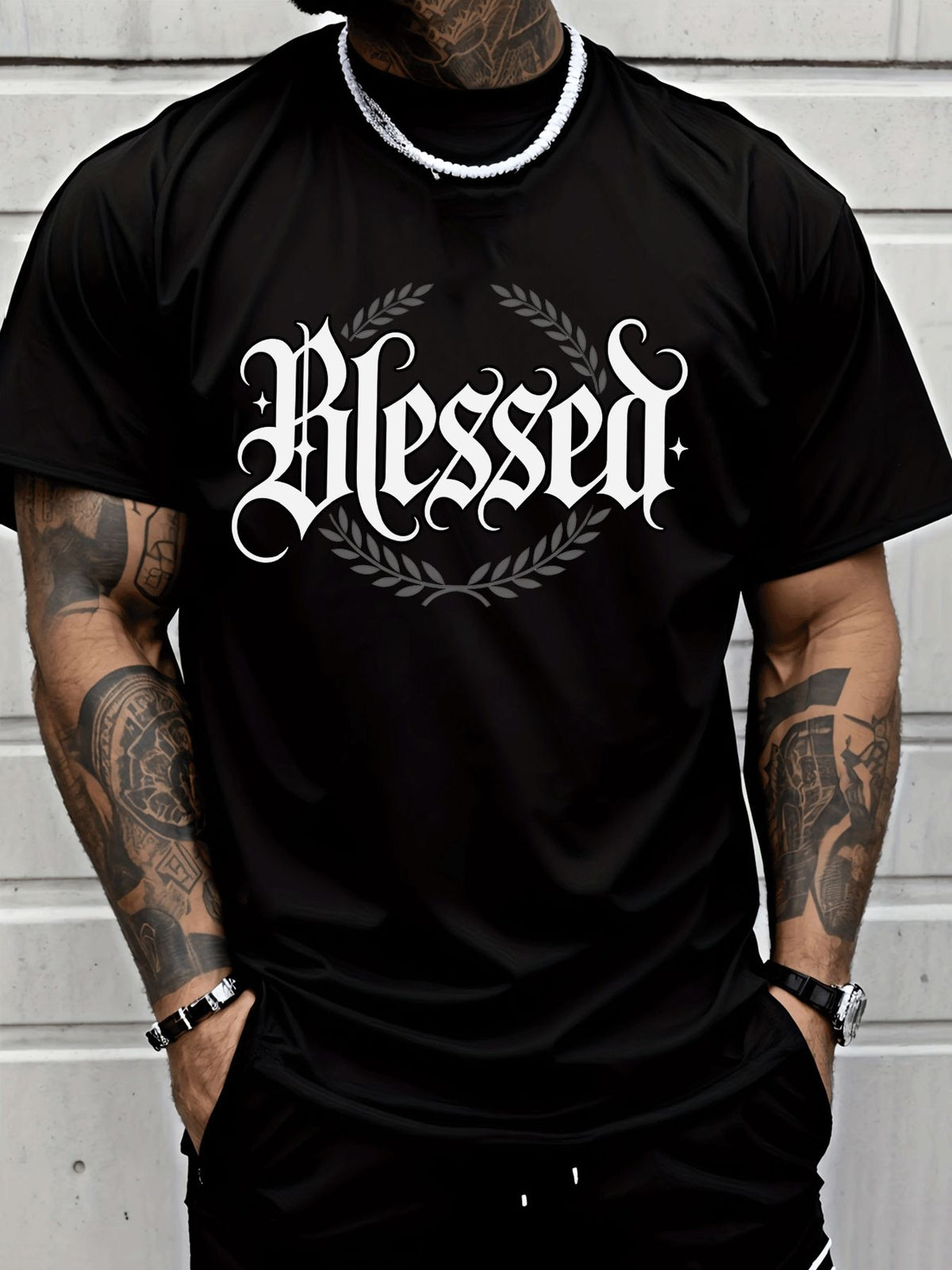 Men's Casual Blessed Letter & Wreath Print T-Shirt