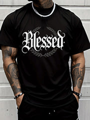 Men's Casual Blessed Letter & Wreath Print T-Shirt