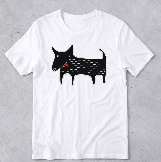 Black Dog Graphic T-Shirt, Kawaii Folk Art Animal Print Tee, Whimsical Funny Dog Lover Gift, Casual Crew Neck Short Sleeve Top