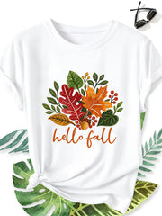Women Hello Fall Maple Leaf Acorn Graphic T-Shirt, Autumn Harvest Floral Crew Neck Short Sleeve Casual Tee