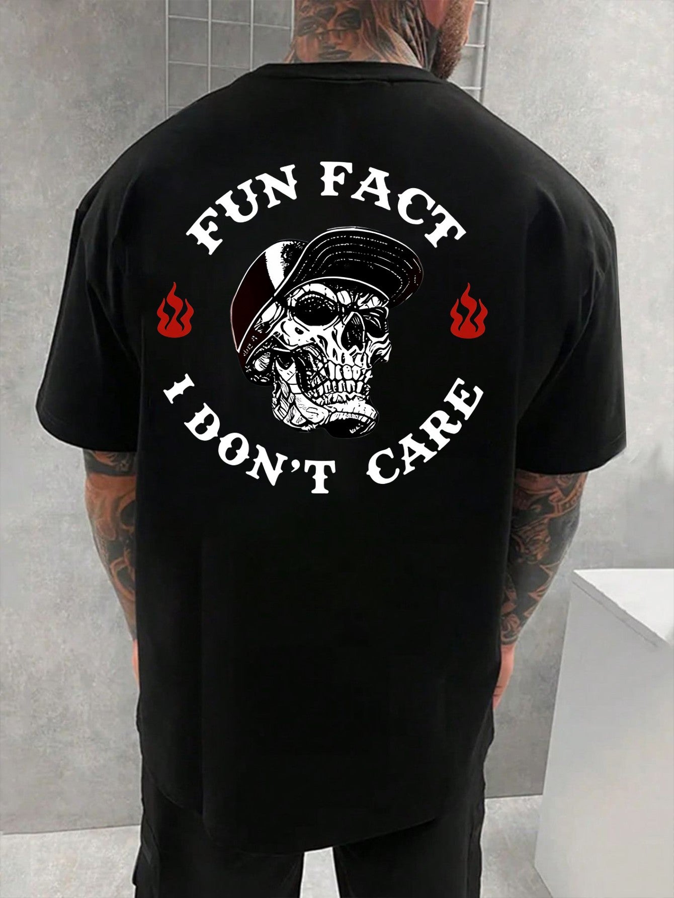 Skull Graphic T-Shirt with Bold 'FUN FACT' and 'I DON'T CARE' Text