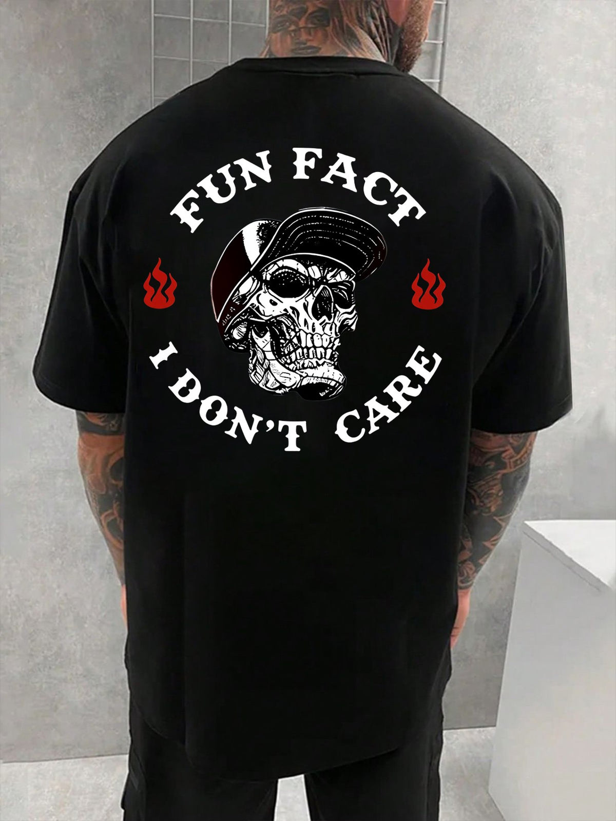 Skull Graphic T-Shirt with Bold 'FUN FACT' and 'I DON'T CARE' Text