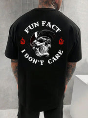 Skull Graphic T-Shirt with Bold 'FUN FACT' and 'I DON'T CARE' Text