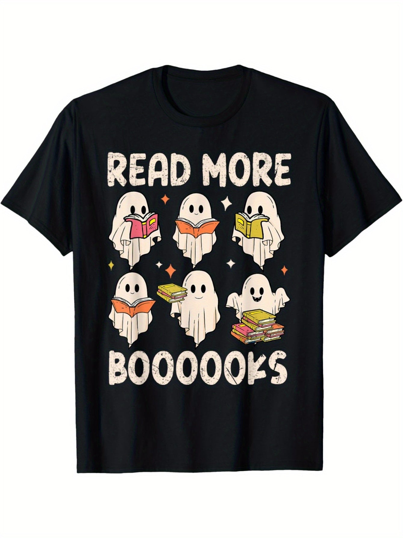 Men'S Funny Book Lover T-Shirt - Playful Ghosts Holding Colorful Books & "Read More Boo Books"