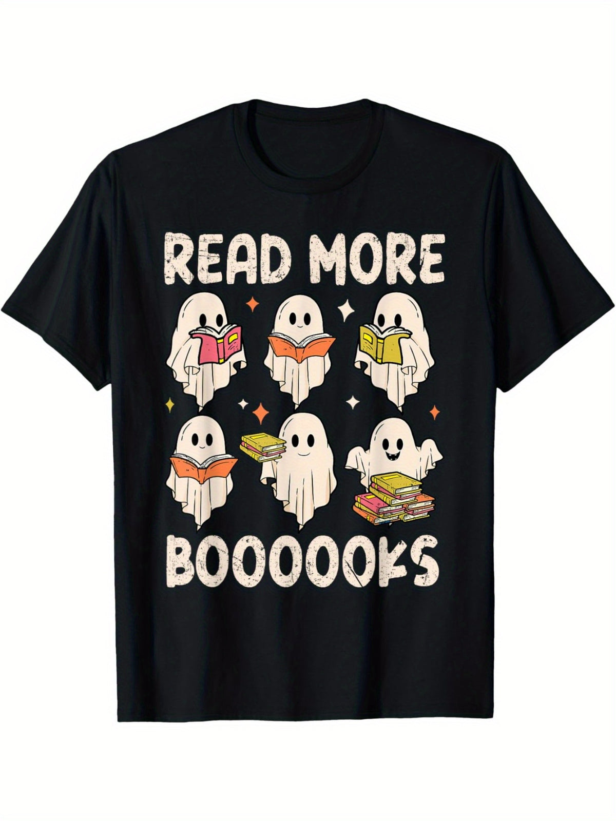 Men'S Funny Book Lover T-Shirt - Playful Ghosts Holding Colorful Books & "Read More Boo Books"