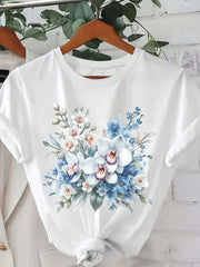 Women's Blue Orchid Floral Print T-Shirt, Round Neck Short Sleeve Casual Top, Soft Slightly Stretchy All Season Tee