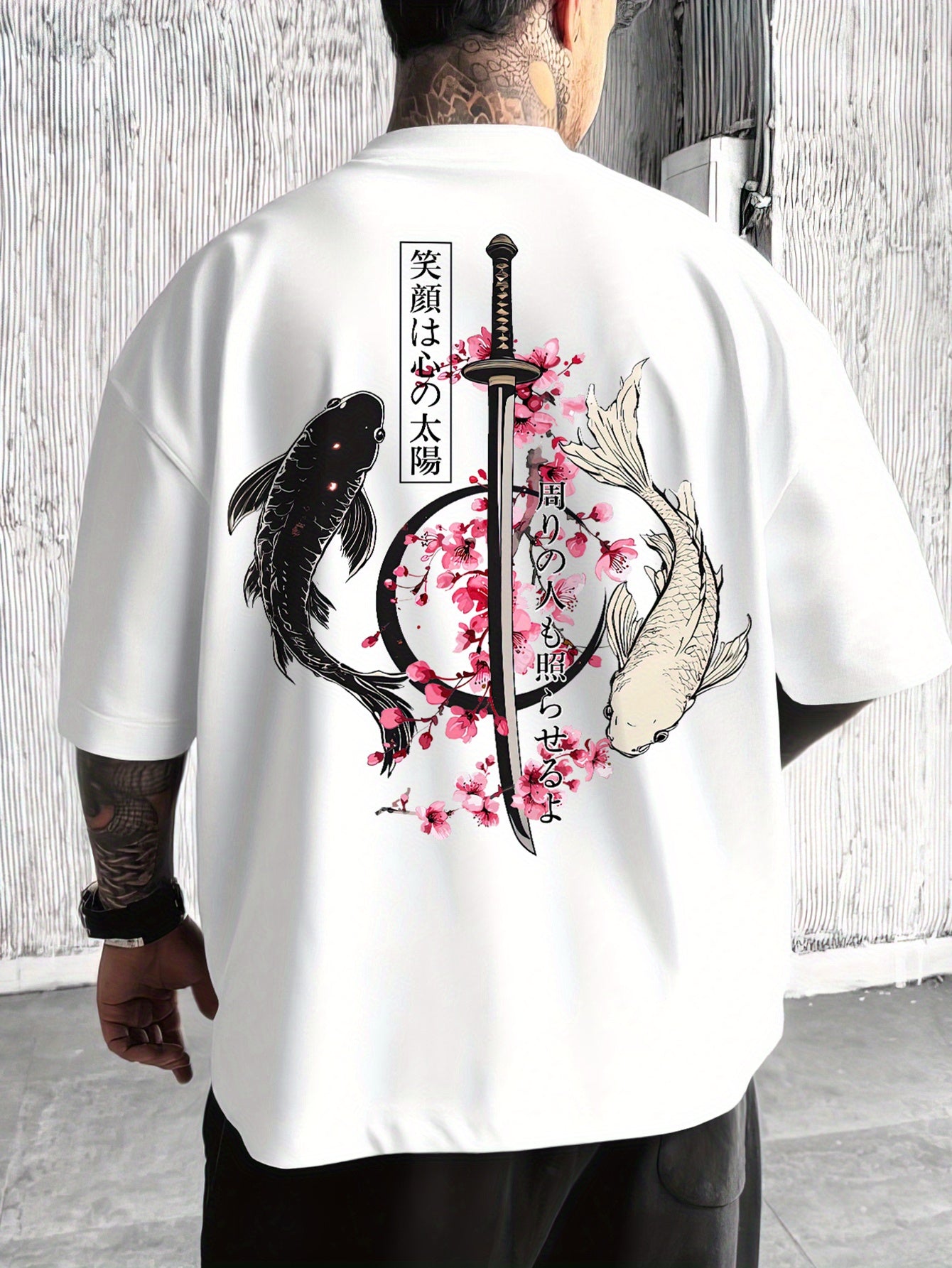 Double Sided Japanese Graphic T-Shirt, Koi Fish Samurai Sword & Sakura Front Back Print Top