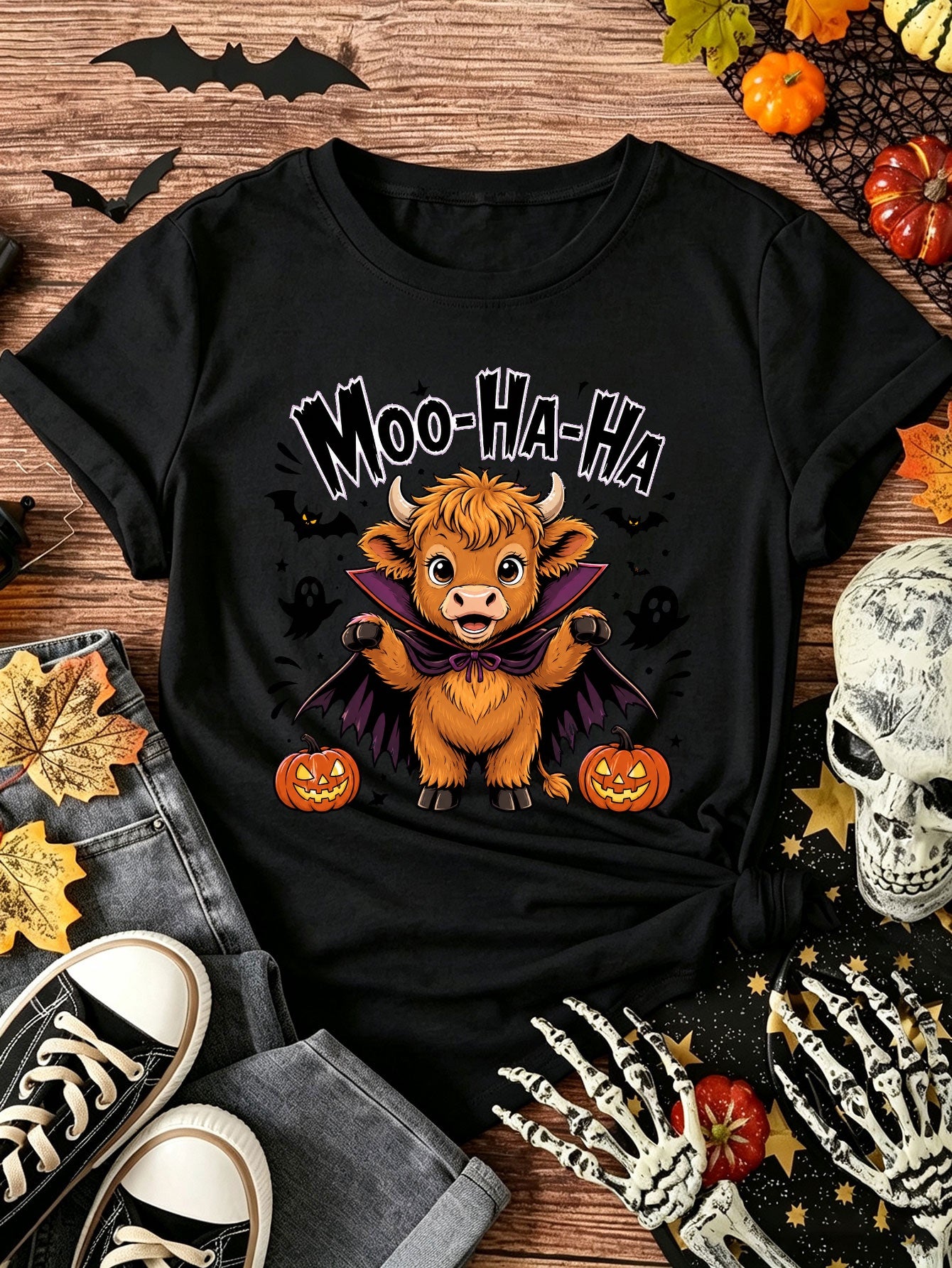 Women's Crew Neck TShirt Cute Highland Cow Halloween Graphic Tee Short Sleeve Funny Moo Ha Ha Costume Shirt