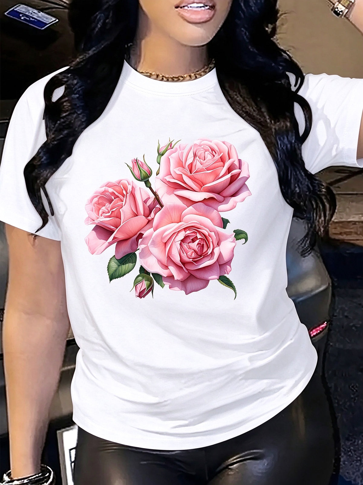 Women's Pink Rose Floral Graphic Crew Neck Short Sleeve T-Shirt, Casual Botanical Flower Print Tee