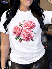 Women's Pink Rose Floral Graphic Crew Neck Short Sleeve T-Shirt, Casual Botanical Flower Print Tee