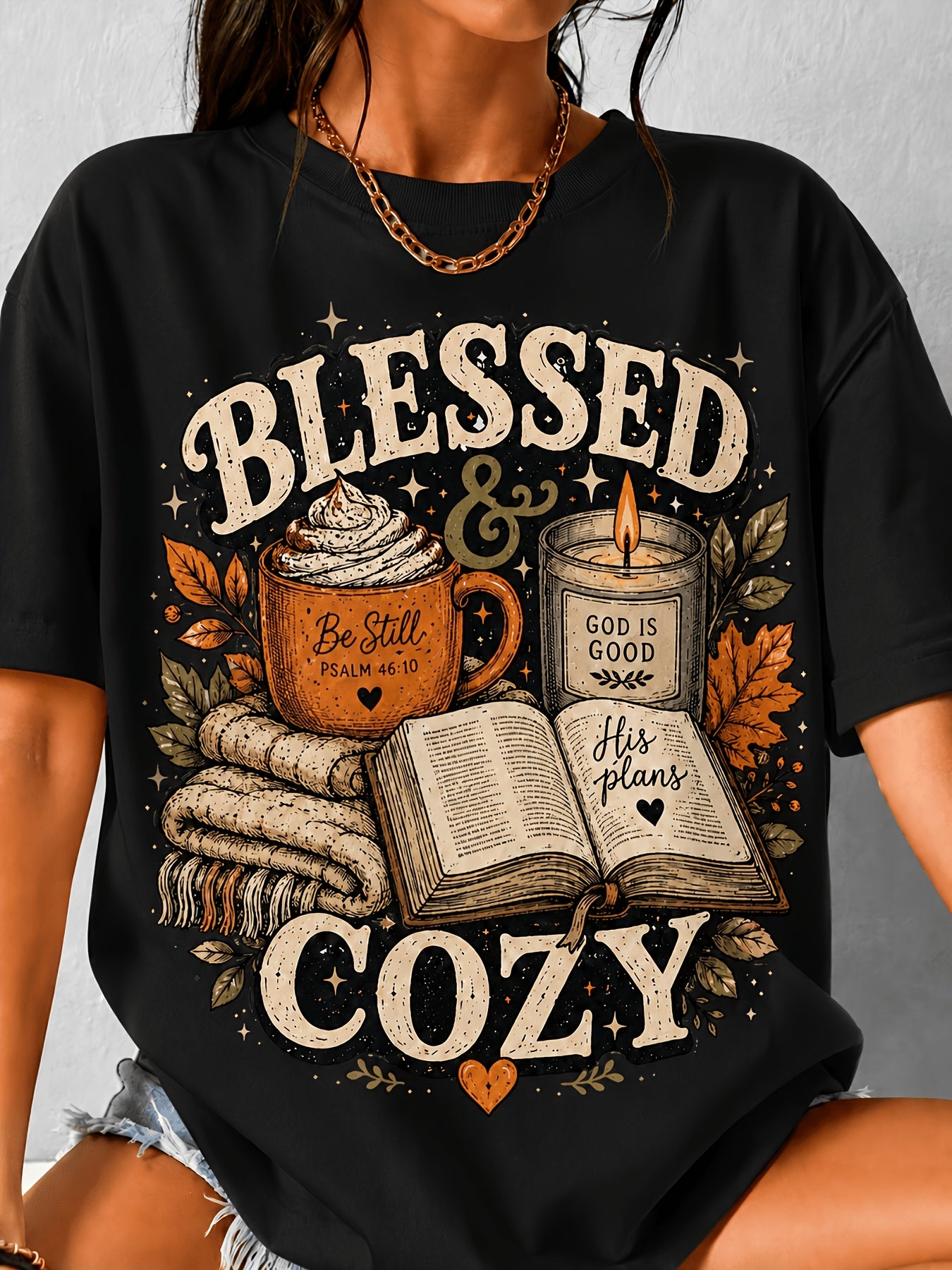 Blessed And Cozy Graphic Tee, Casual Loose Fit Crew Neck Short Sleeve Shirt, Faith Pumpkin Candle Bible Print Top