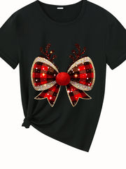 Christmas Buffalo Plaid Bow Reindeer Antlers Graphic T-Shirt, Sparkly Holiday Xmas Tee