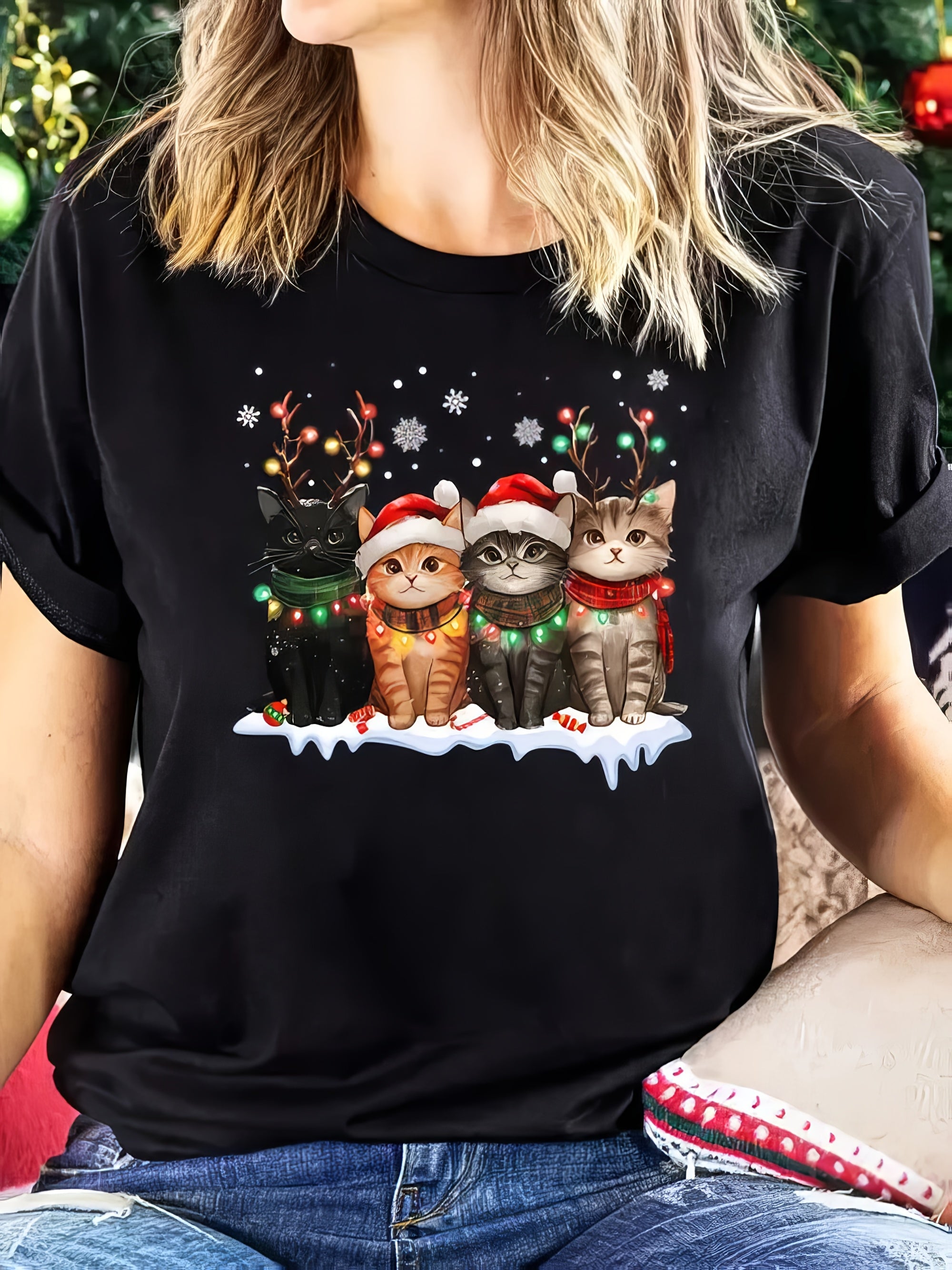 Christmas Cats T-Shirt, Santa Hat Reindeer Antlers Lights Holiday Graphic Tee