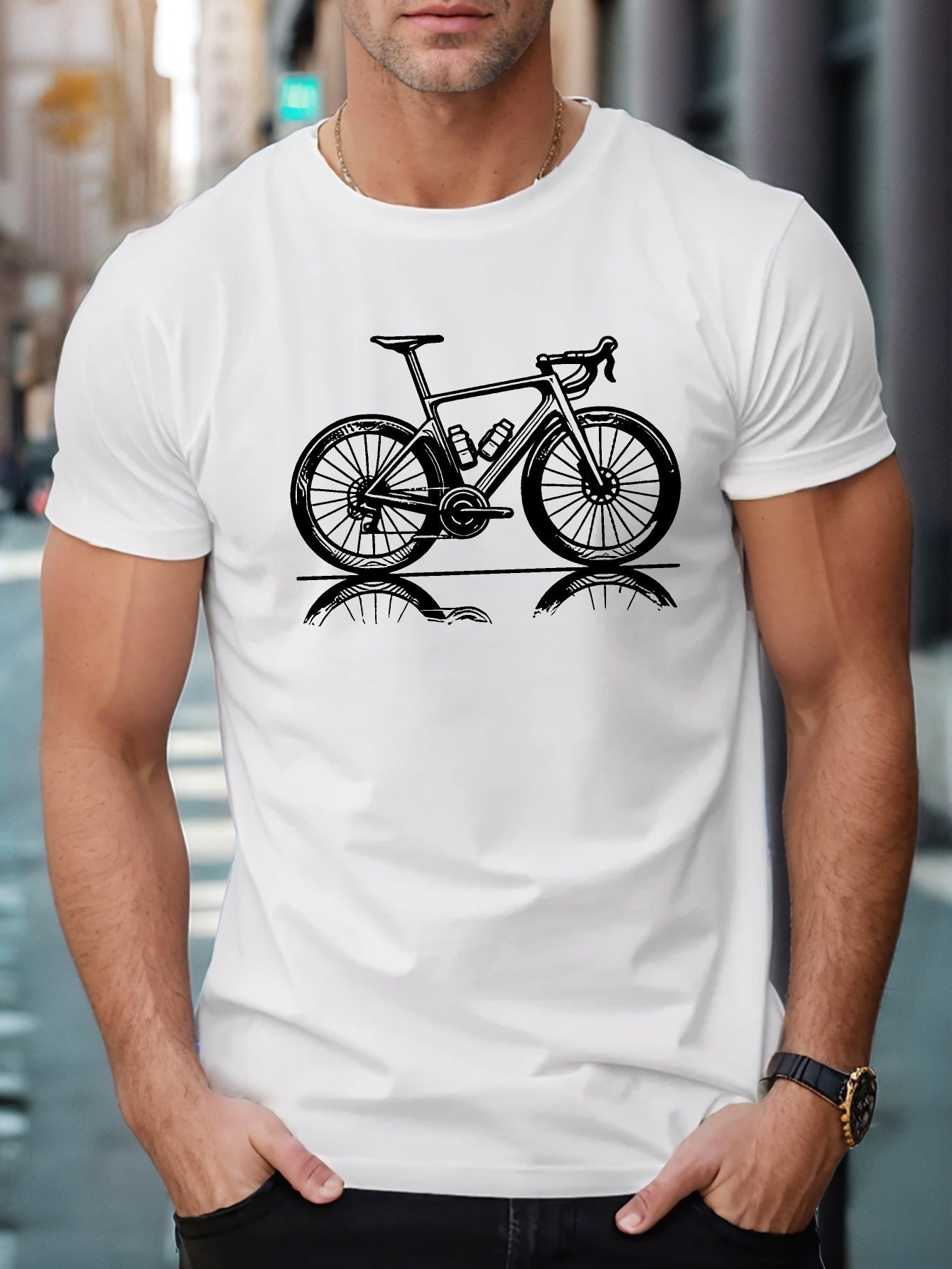 Men's Road Bike Graphic T-Shirt, Bicycle Reflection Print Crew Neck Short Sleeve Tee, Summer Casual Cycling Top for Bike Lovers