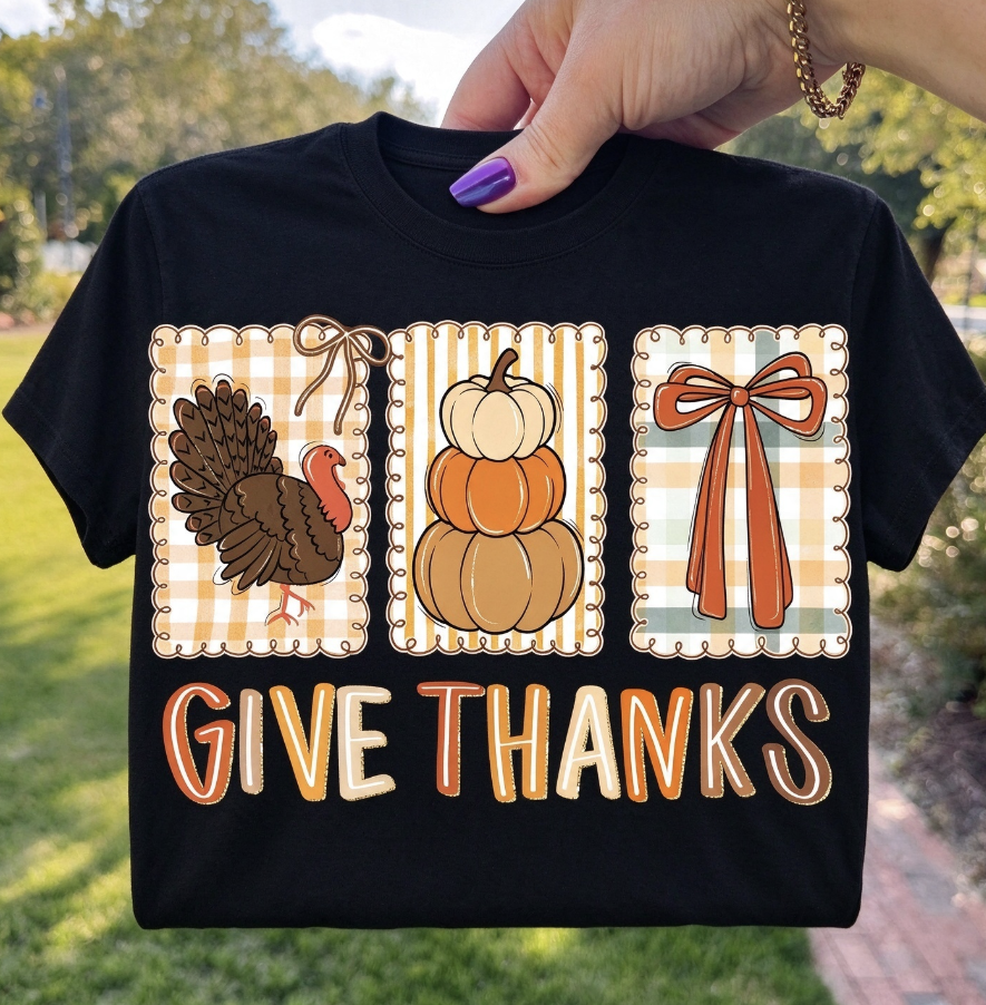 Coquette Give Thanks Thanksgiving T-Shirt, Women's Fall Graphic Tee, Whimsical Three-Frame Bow Pumpkin Turkey Casual Top