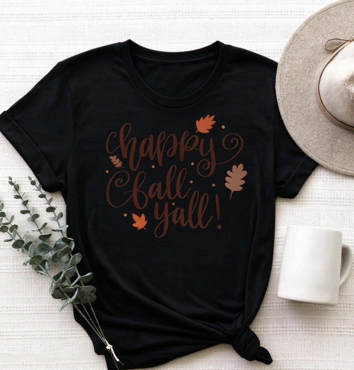 Happy Fall Y'all T-Shirt, Cute Autumn Season Graphic Tee, Fall Thanksgiving Gift Top for Women, Casual Holiday Shirt