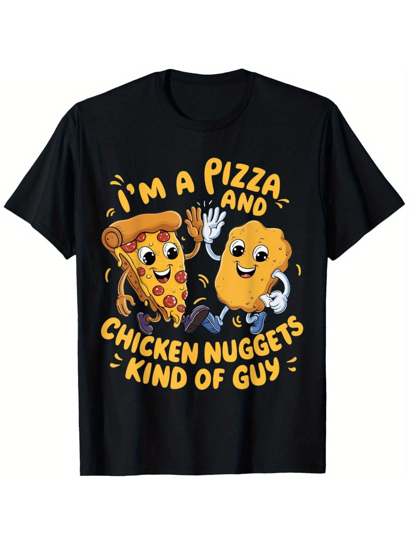 Pizza Chicken Nuggets Graphic Crew Neck Tee Unisex Cartoon Food Short Sleeve Top