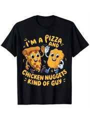 Pizza Chicken Nuggets Graphic Crew Neck Tee Unisex Cartoon Food Short Sleeve Top