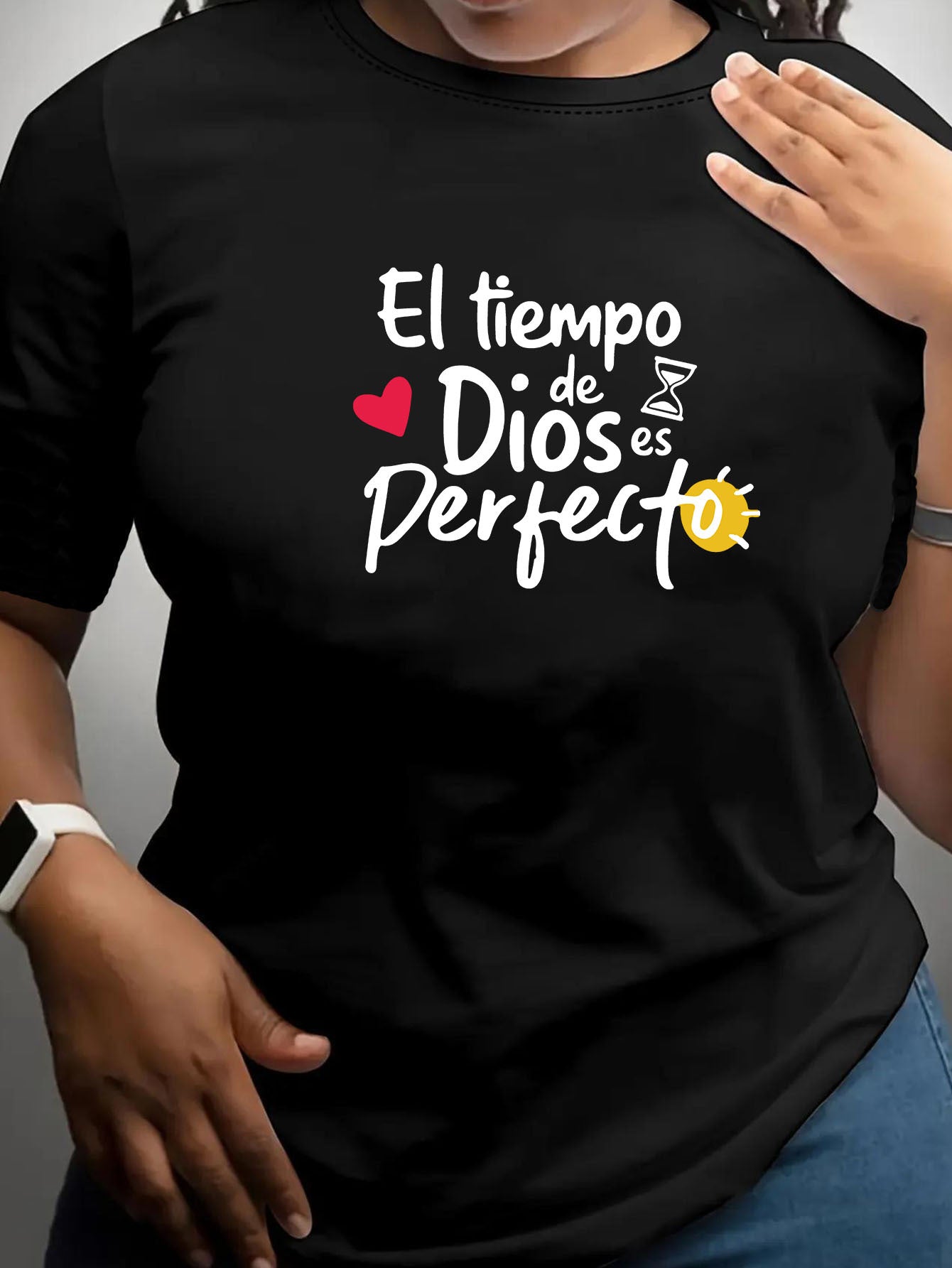Women’s Spanish Christian Faith Graphic T-Shirt, El Tiempo de Dios es Perfecto Letter Print Crew Neck Short Sleeve Casual Religious Tee