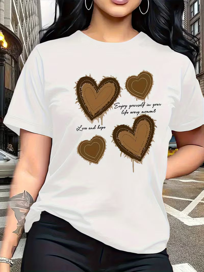 Vintage Brown Heart Graphic Crew Neck Tee Travel Vacation Casual Short Sleeve