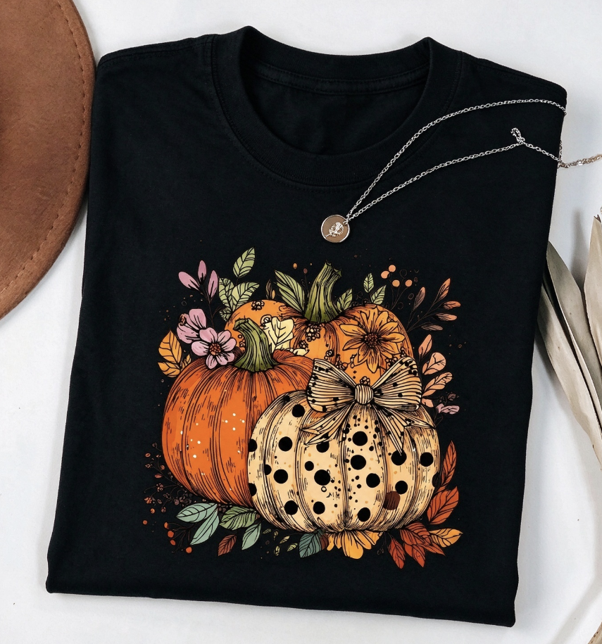 Floral Pumpkin T-Shirt, Pumpkin Season Shirt, Fall Lover Gift, Women's Casual Autumn Graphic Tee, Halloween And Thanksgiving Top