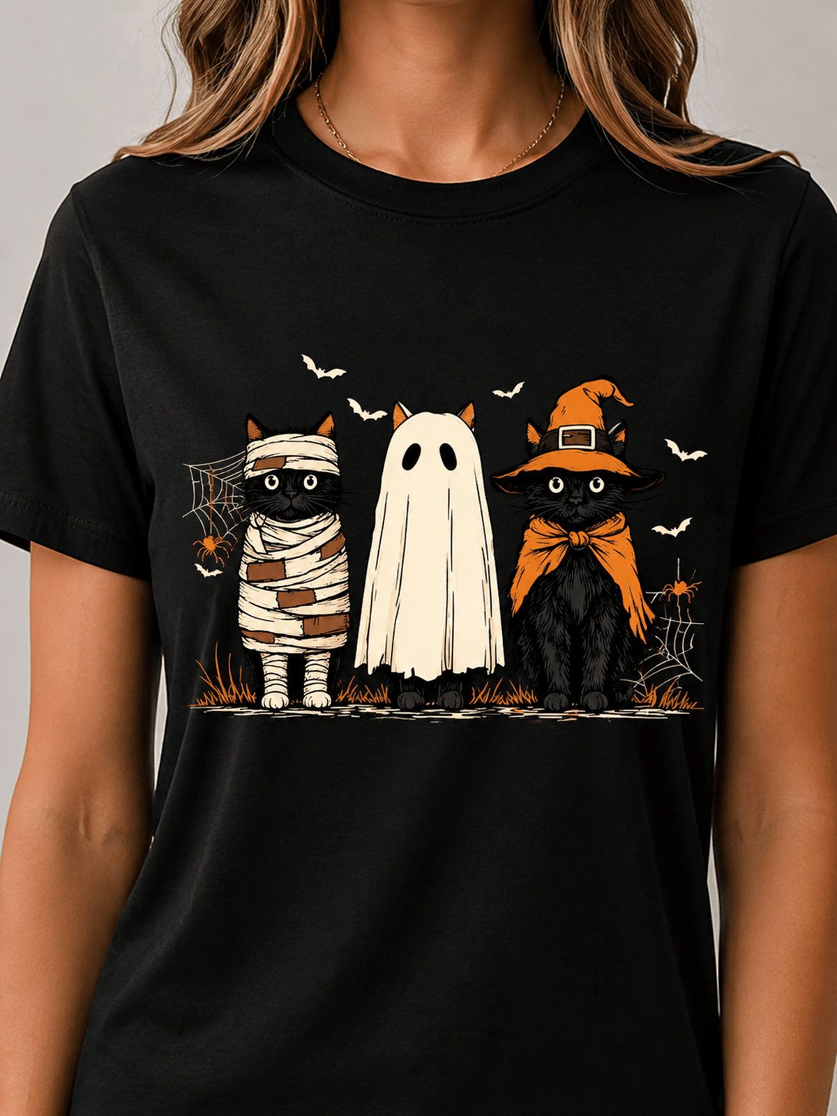 Unisex Halloween Black Cat T-Shirt, Three Cats Mummy Ghost Witch Costume Spider Web Bat Graphic Tee, Casual Crewneck Short Sleeve Tshirt