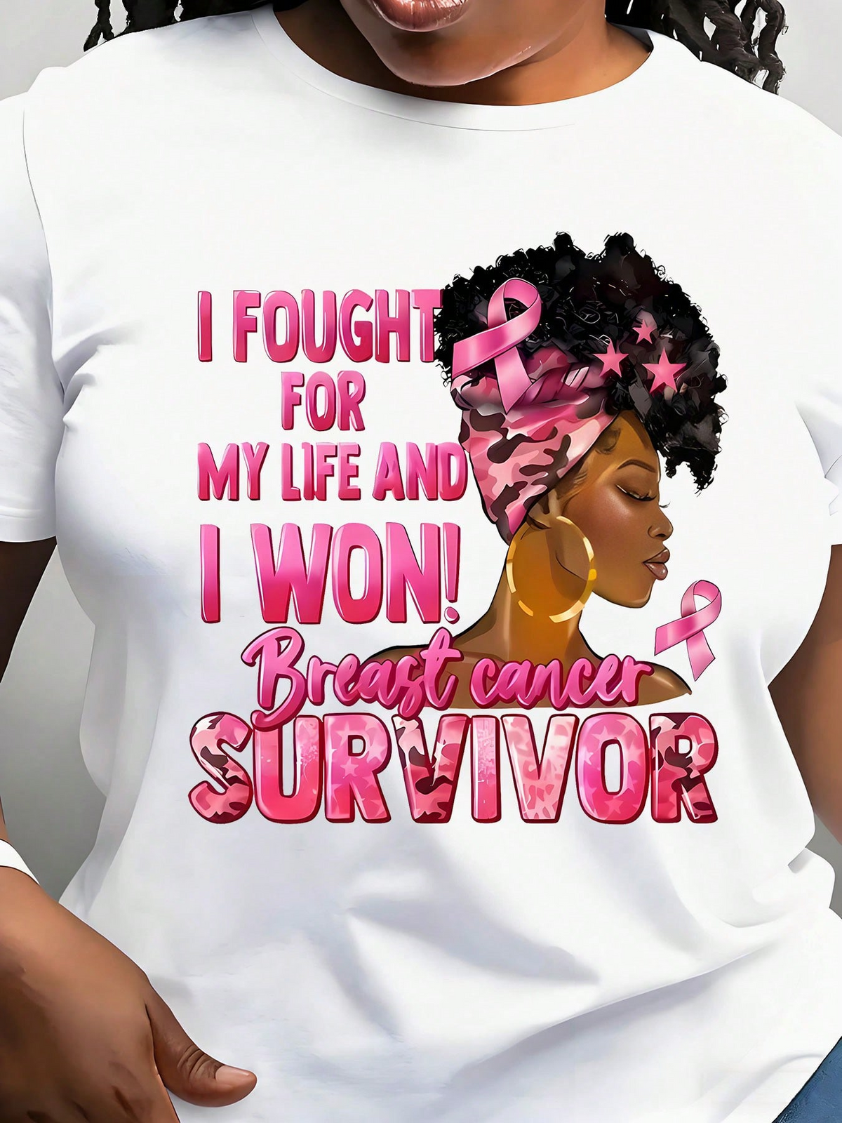 Breast Cancer Survivor Women's T-Shirt With Inspirational Quote And Pink Ribbon Design