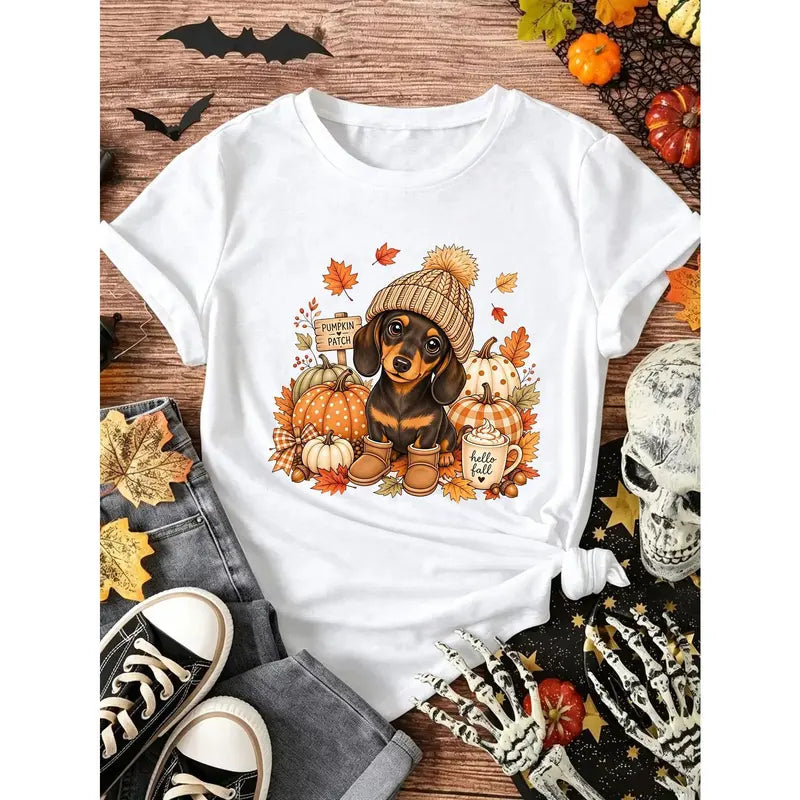 Women’s Cute Dachshund Pumpkin Patch T‑Shirt, Hello Fall Autumn Maple Leaf Graphic Crew Neck Casual Thanksgiving Seasonal Short Sleeve Top