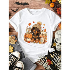 Women’s Cute Dachshund Pumpkin Patch T‑Shirt, Hello Fall Autumn Maple Leaf Graphic Crew Neck Casual Thanksgiving Seasonal Short Sleeve Top