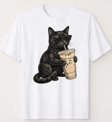 Black Cat Drinking Iced Coffee T-Shirt, Funny Black Cat Meme Graphic Tee, Casual Crew Neck Short Sleeve Top, Gift for Cat Lovers