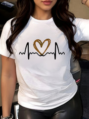 Leopard Heartbeat T-Shirt Women's Graphic Tee Casual Short Sleeve Top