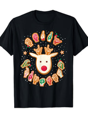 Christmas Reindeer Gingerbread Sign Language Graphic Tee for Men Women, Cute Holiday Deaf Awareness Short Sleeve T-Shirt, Casual Crew Neck Top for Sign Language Lover Gift