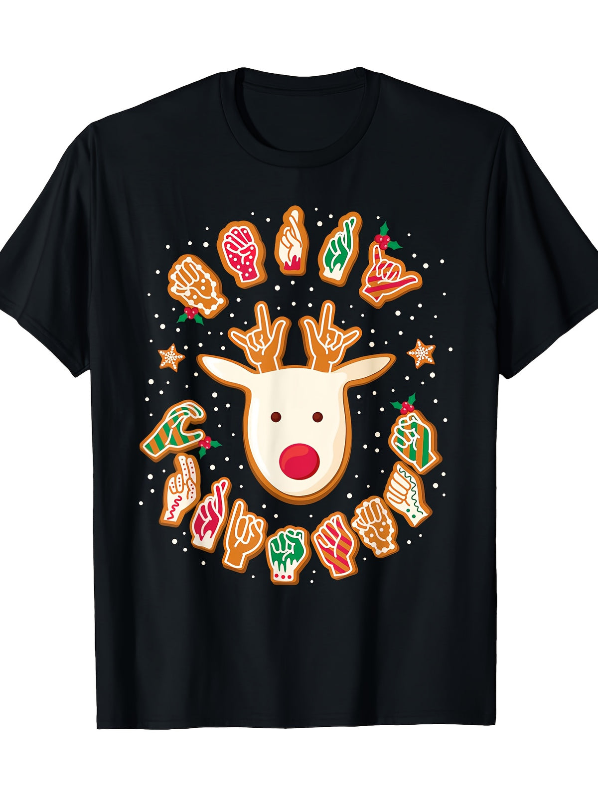 Christmas Reindeer Gingerbread Sign Language Graphic Tee for Men Women, Cute Holiday Deaf Awareness Short Sleeve T-Shirt, Casual Crew Neck Top for Sign Language Lover Gift