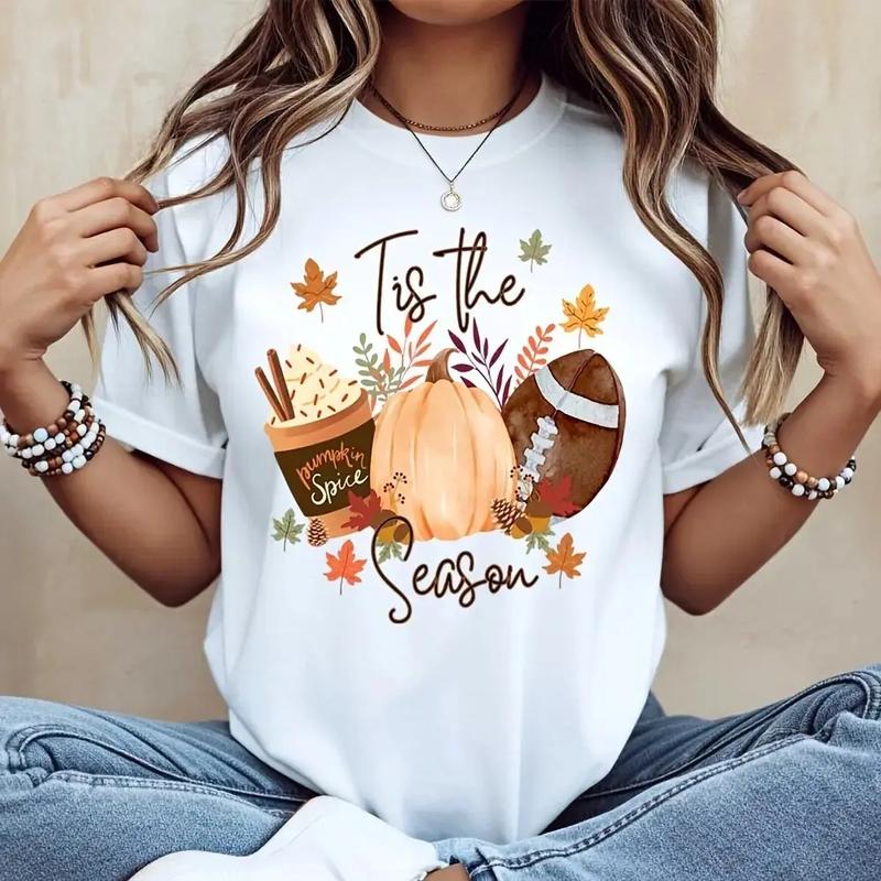 Tis The Season Pumpkin Spice Football Fall Leaves Print T-Shirt, Autumn Thanksgiving Halloween Graphic Tee