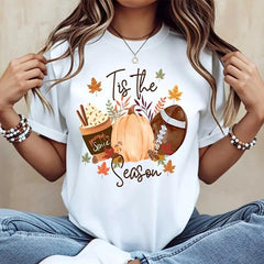 Tis The Season Pumpkin Spice Football Fall Leaves Print T-Shirt, Autumn Thanksgiving Halloween Graphic Tee
