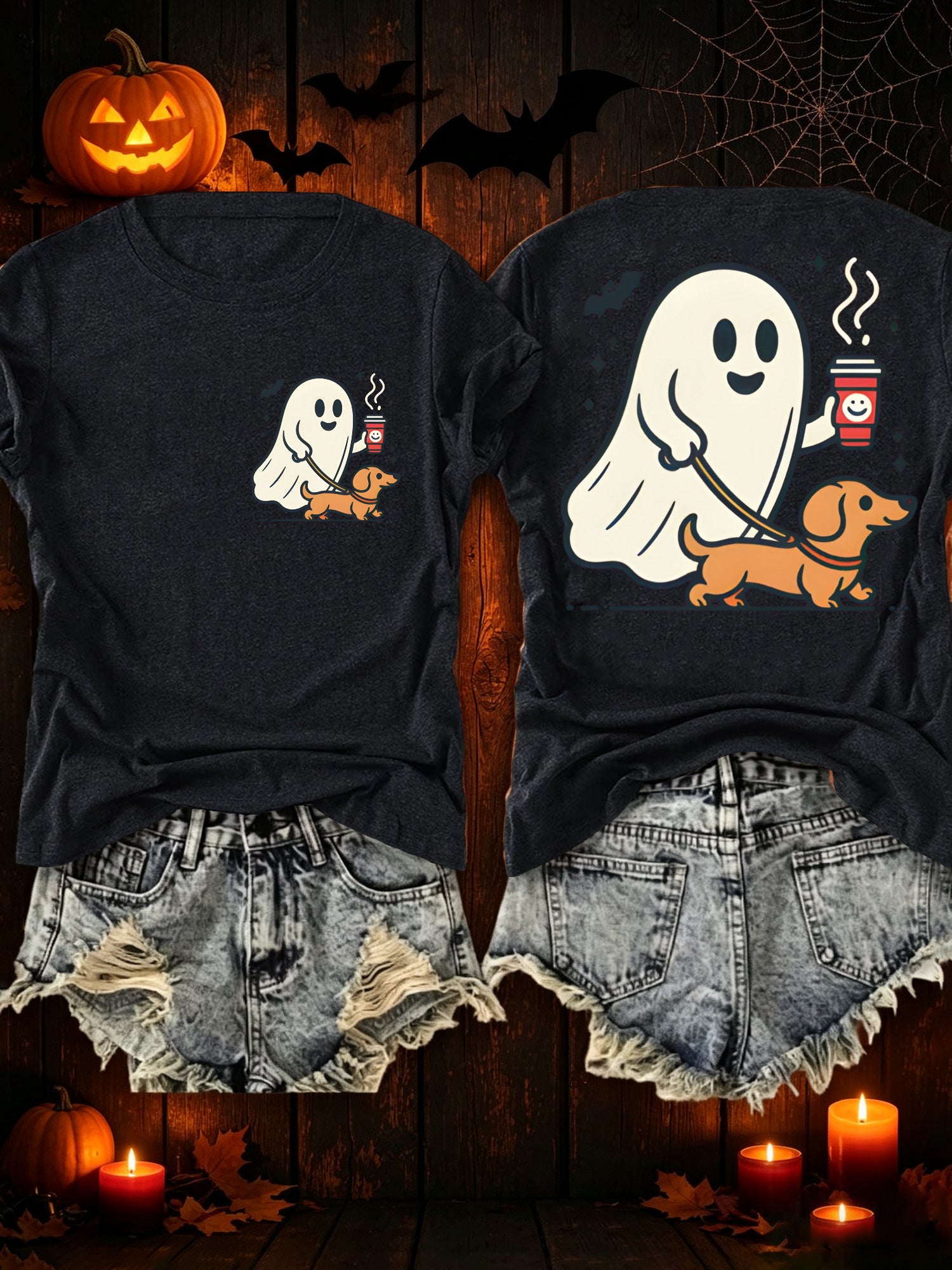 Women's Ghost Walking Dachshund Double Sided Graphic T-Shirt, Cute Halloween Coffee Short Sleeve Tee, Spooky Dog Lover Top