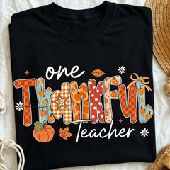 Women One Thankful Teacher Pumpkin Fall Graphic T-Shirt, Thanksgiving Teacher Gift Short Sleeve Tee