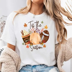 Tis The Season Pumpkin Spice Football Fall Leaves Print T-Shirt, Autumn Thanksgiving Halloween Graphic Tee