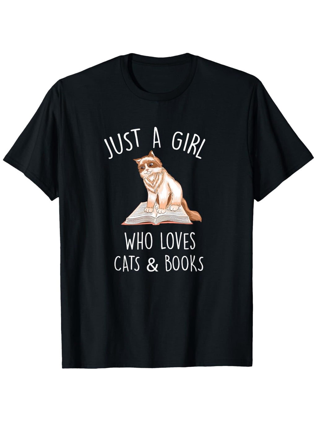 Just A Girl Who Loves Cats And Books T-Shirt, Funny Cat On Book Graphic Tee