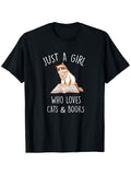 Just A Girl Who Loves Cats And Books T-Shirt, Funny Cat On Book Graphic Tee